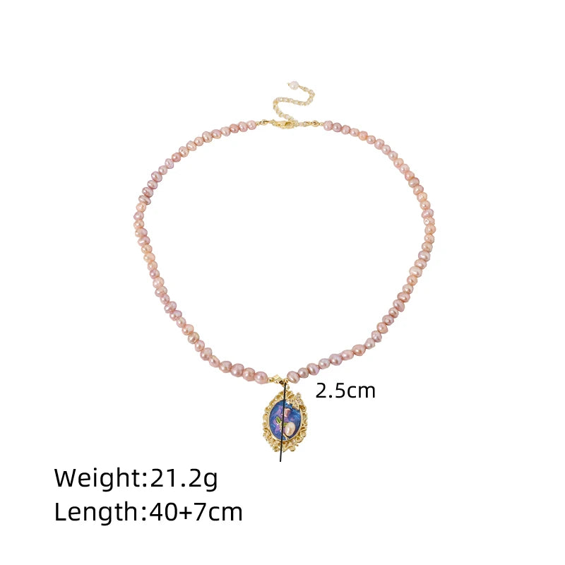Natural Pearl Oil Painting Rose Butterfly Necklace Korean Style Women Luxury Jewelry Fashion Ladies and Girls Gift GN0667