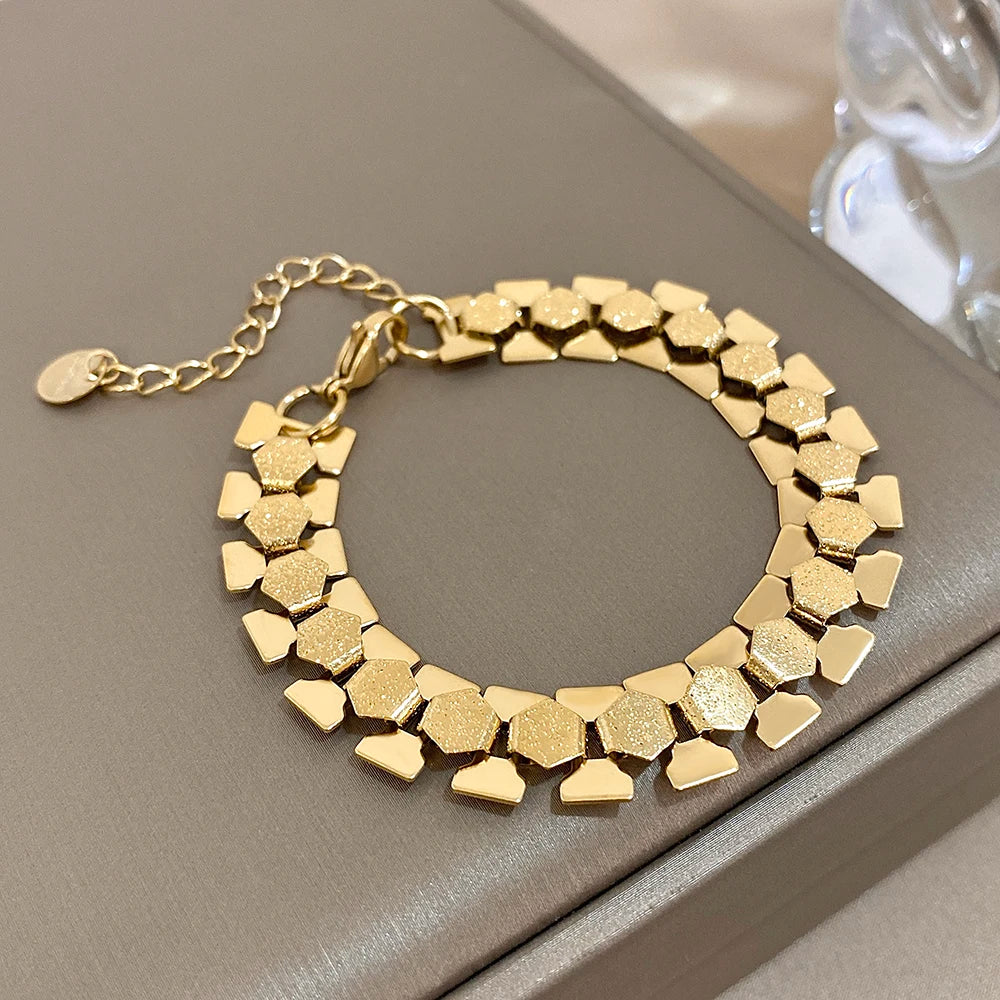 AENSOA 316L Stainless Steel Hexagon Buckle Geometric Chain Wide Bracelet Vintage Jewelry Unique Exaggerated Gold Plated Bracelet - Lucia Gole