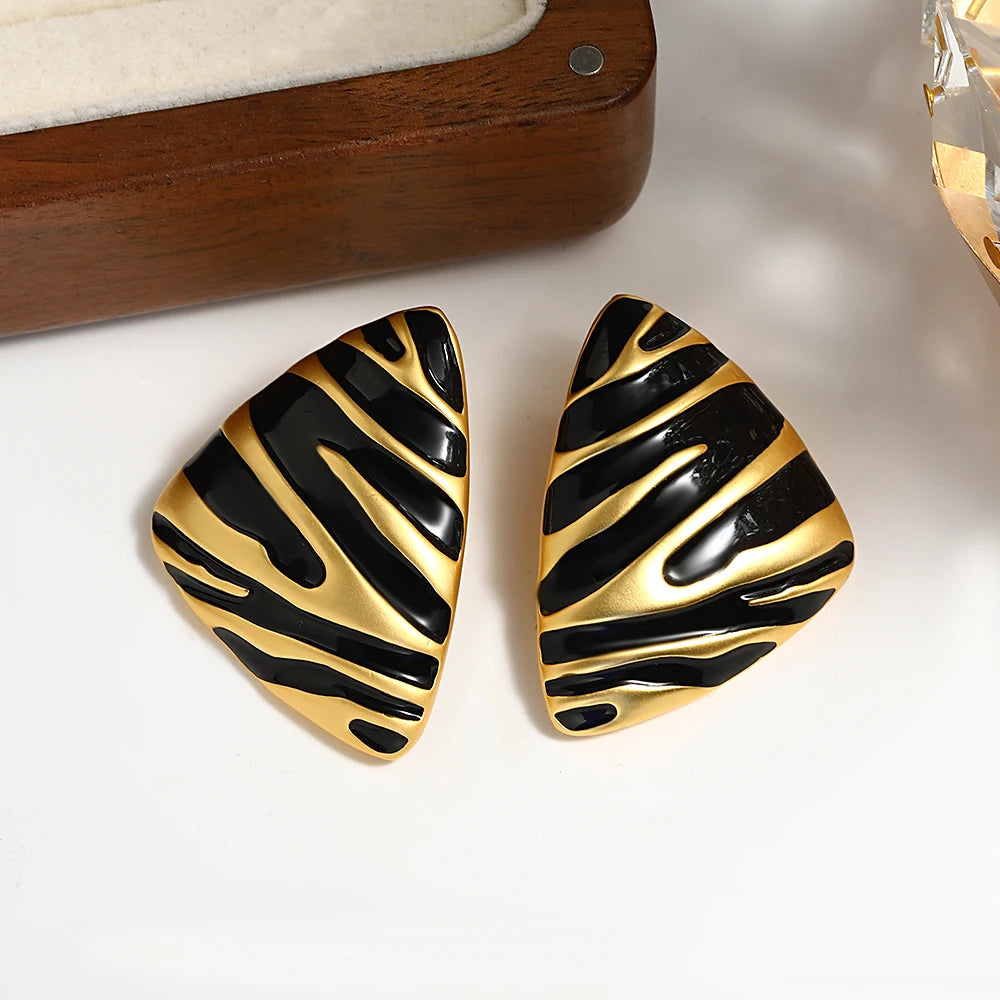 AENSOA Retro Black Enamel Zebra Triangle Large Stud Earrings for Women Vintage Metal Geometric Earring Jewelry 2023 New France - Lucia Gole