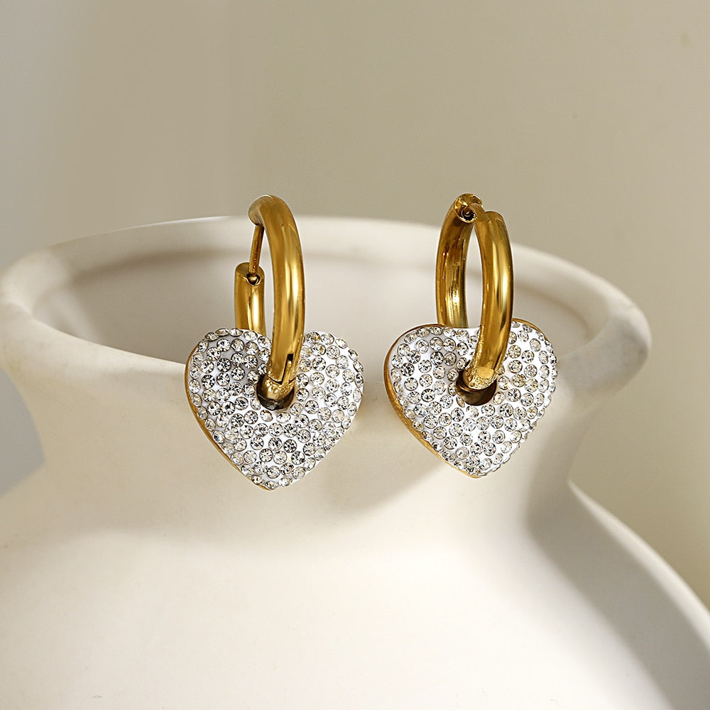 Lucia Gole: Rhinestones Heart Charm Hoop Earrings - Lucia Gole