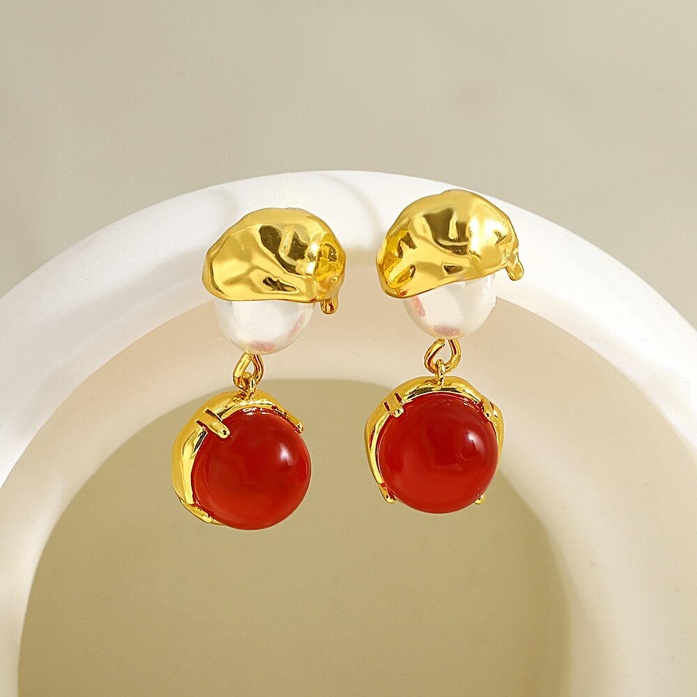 Lucia Gole: Vintage Round Red Pearl Drop Earrings - Retro Statement Dangle Earrings - Lucia Gole