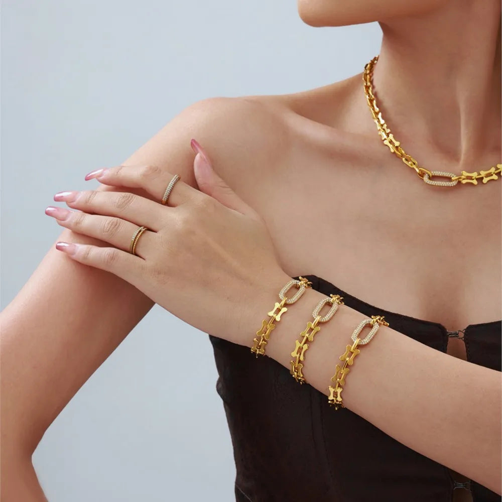 Lucia Gole  Gold Plated Hip-Hop Chain Set – Stainless Steel Necklace & Bracelet with Zircon Pendant