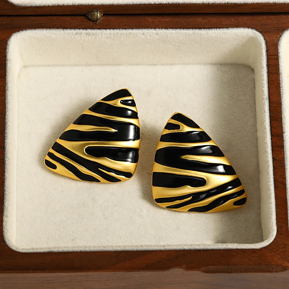 AENSOA Retro Black Enamel Zebra Triangle Large Stud Earrings for Women Vintage Metal Geometric Earring Jewelry 2023 New France - Lucia Gole