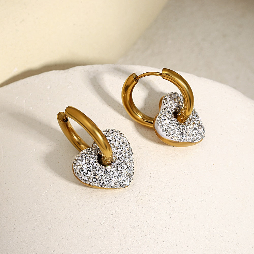 Lucia Gole: Rhinestones Heart Charm Hoop Earrings - Lucia Gole