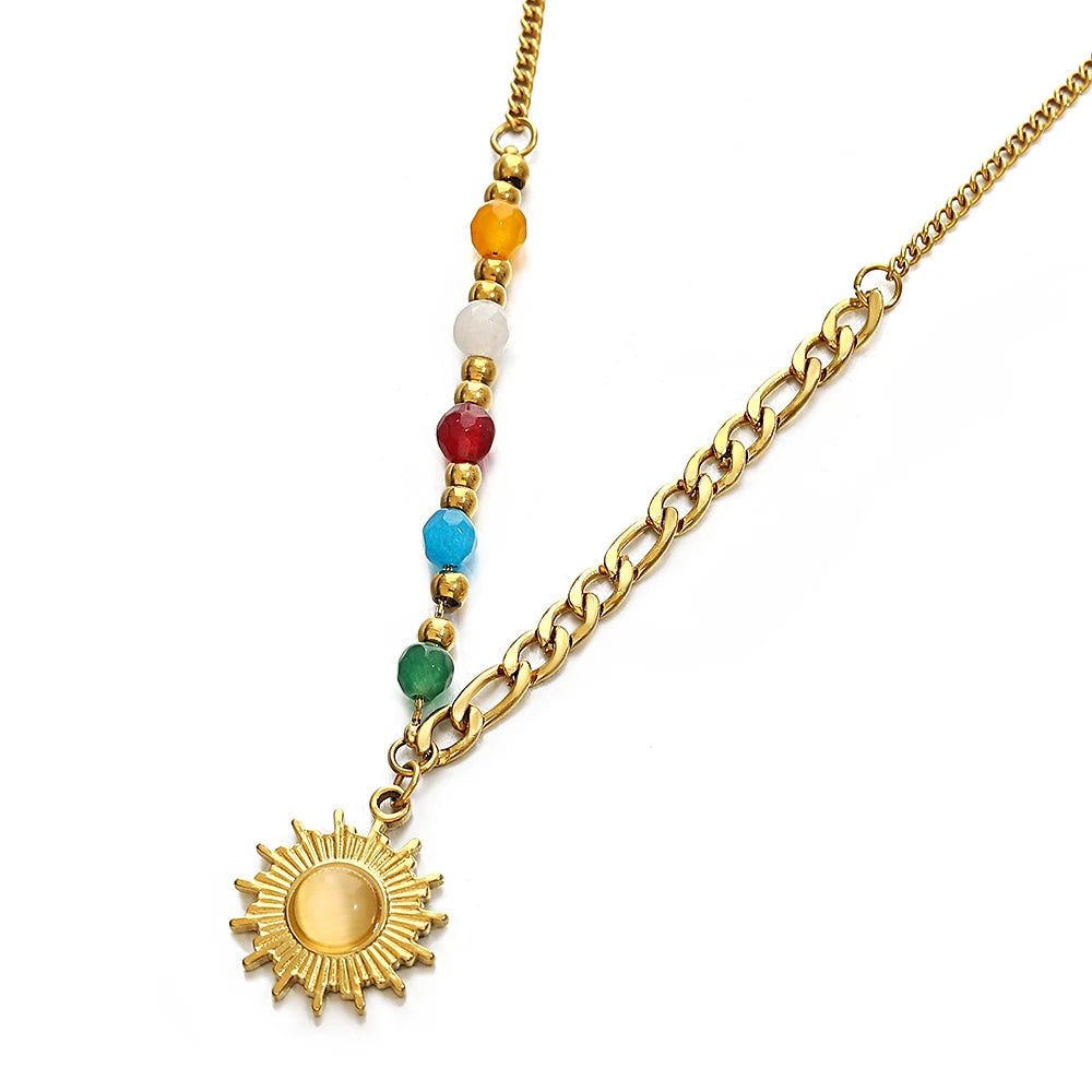 AENSOA Metal Texture Stainless Steel Opal Sun Pendant Choker Necklace Delicate Colorful Beads Necklace 18K Gold Plated Jewelry - Lucia Gole