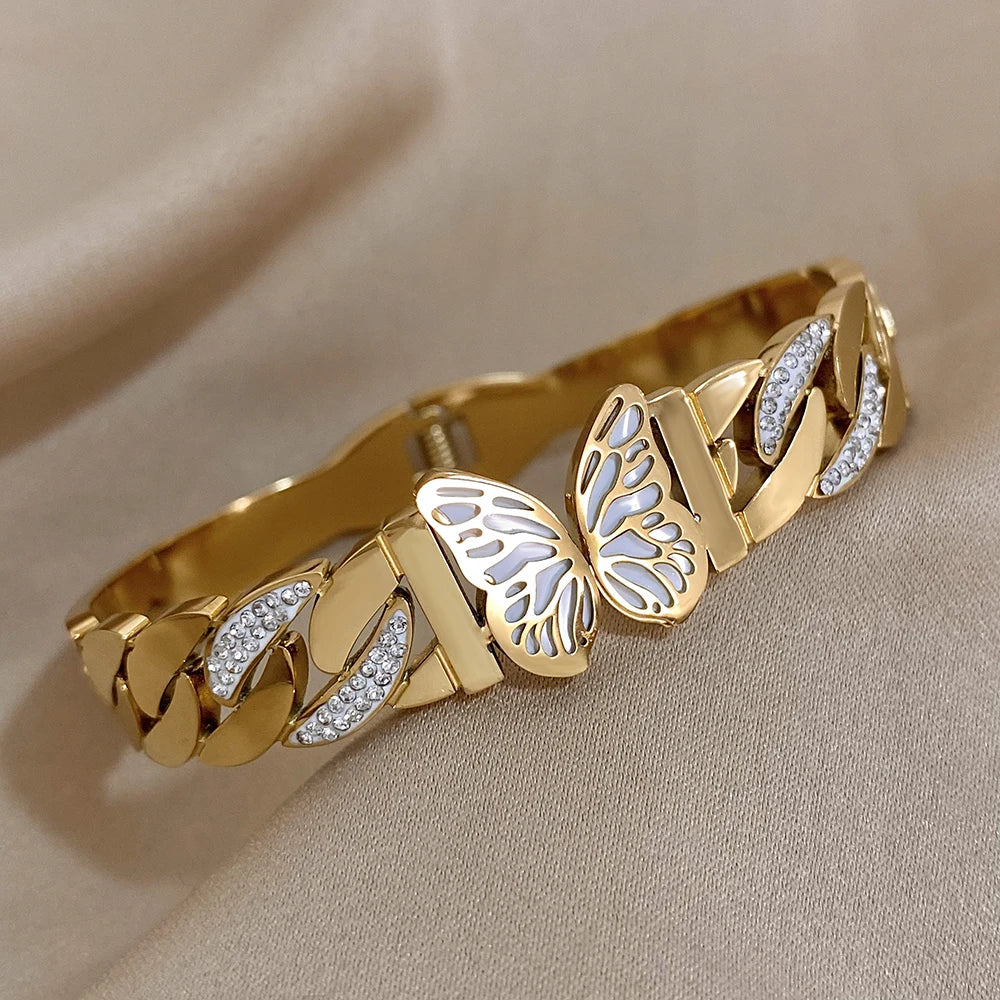 Lucia Gole: Chunky Stainless Steel Zircon Cuban Chain Butterfly Bangle - Lucia Gole