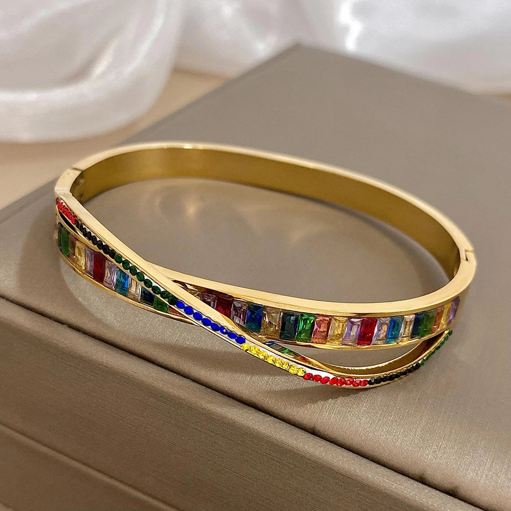 AENSOA New Fashion Cross Artificial Inlaid Colorful Zirconia Stainless Steel Bracelet Bangle Waterproof Personality Y2k Bracelet - Lucia Gole