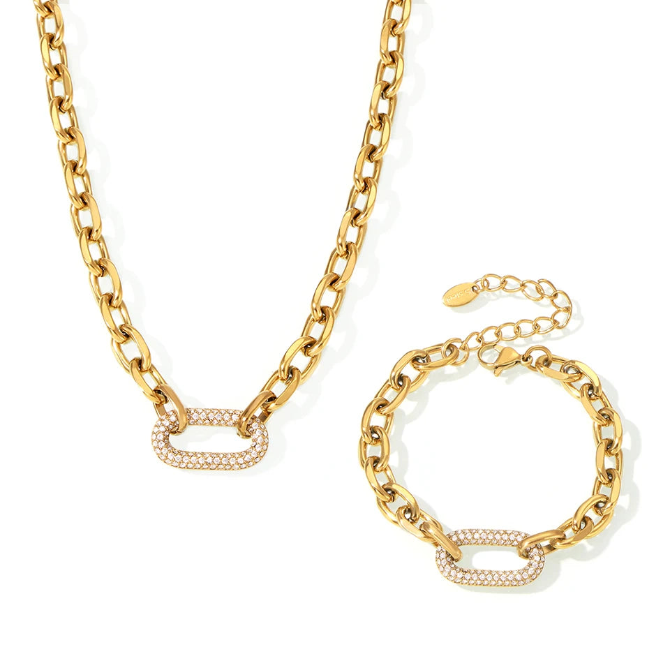 Lucia Gole  Gold Plated Hip-Hop Chain Set – Stainless Steel Necklace & Bracelet with Zircon Pendant