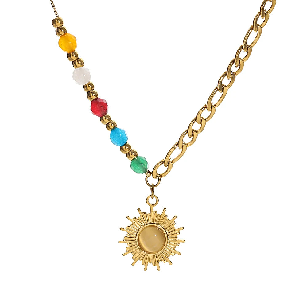 AENSOA Metal Texture Stainless Steel Opal Sun Pendant Choker Necklace Delicate Colorful Beads Necklace 18K Gold Plated Jewelry - Lucia Gole