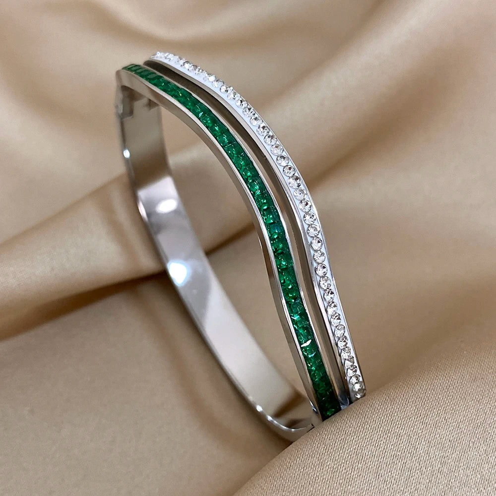 AENSOA Irregular Luxury Green Inlaid Zircon Bangle Bracelet for Women Fashion Wavy Curve Stackable Shiny Wrist Cuff Jewelry Gift - Lucia Gole