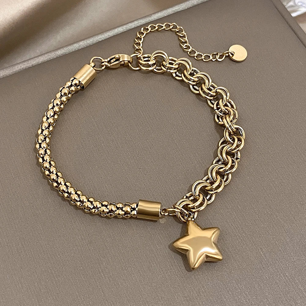 AENSOA Punk Chunky Double Thick Chain Stainless Steel Bracelets for Women Fashion Golden Heart Love Buckle Pendant Wrist Jewelry - Lucia Gole