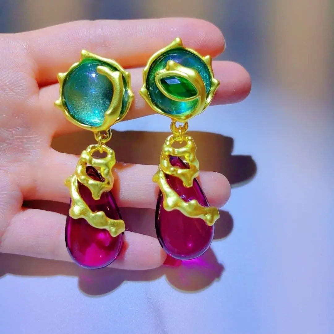 AENSOA Exaggerated Big Crystal Water Drop Metal Drop Earrings for Retro Geometric Green Purple Resin Earring for Women Vintage - Lucia Gole