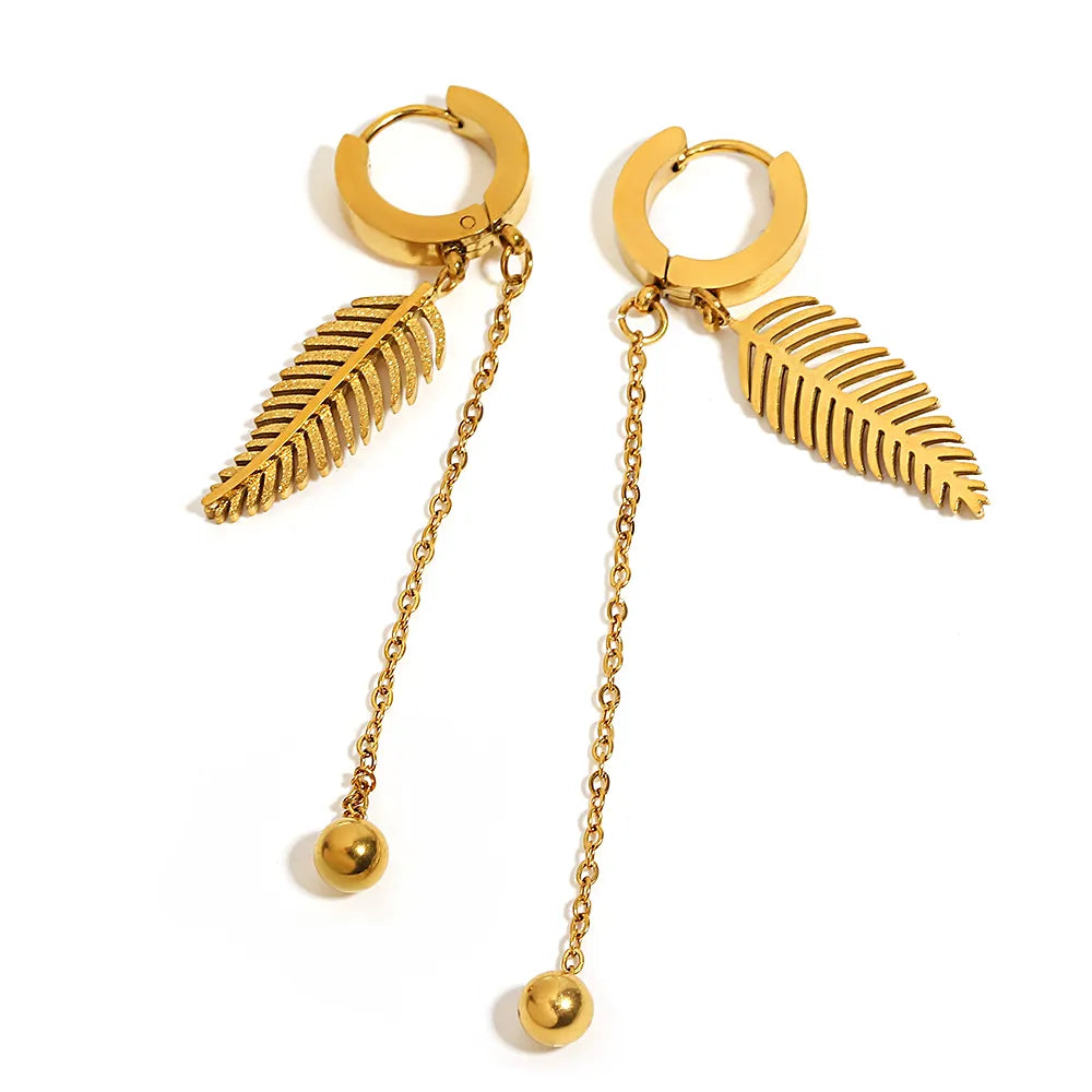 Lucia Gole: Stainless Steel Gold Color Sparkling Feather Leaf Tassel Hoop Earrings - Lucia Gole