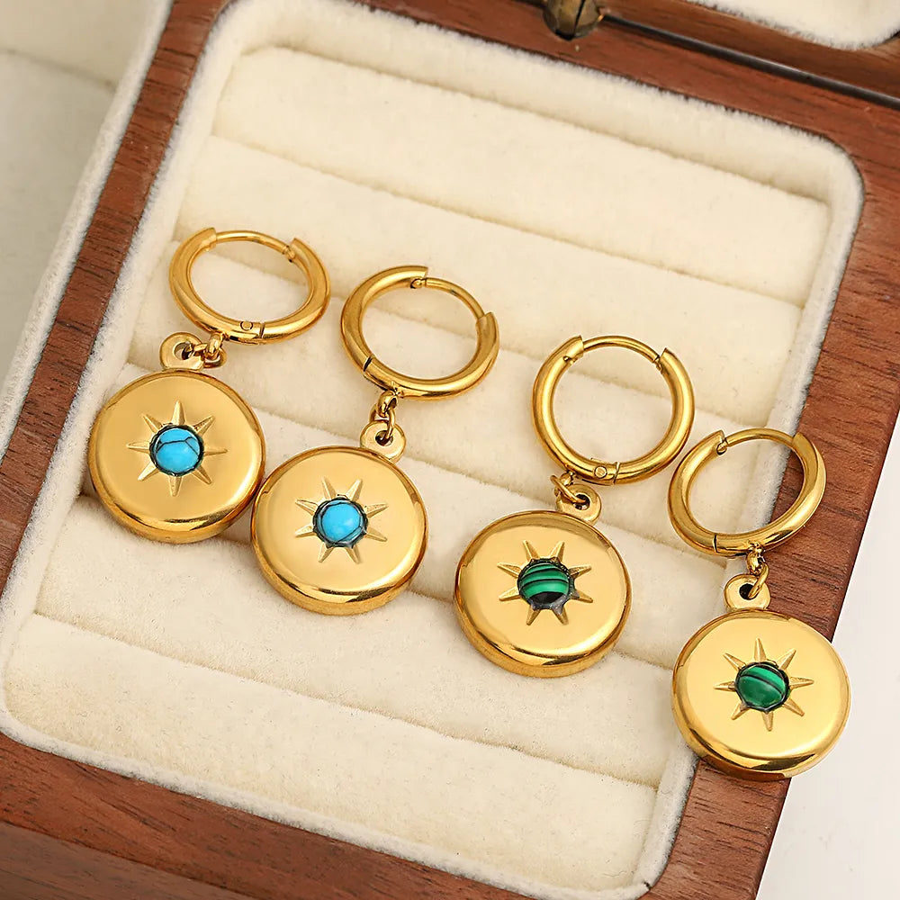 Lucia Gole: Stainless Steel Gold Color Blue Green Stone Round Pendant Hoop Earrings - Lucia Gole