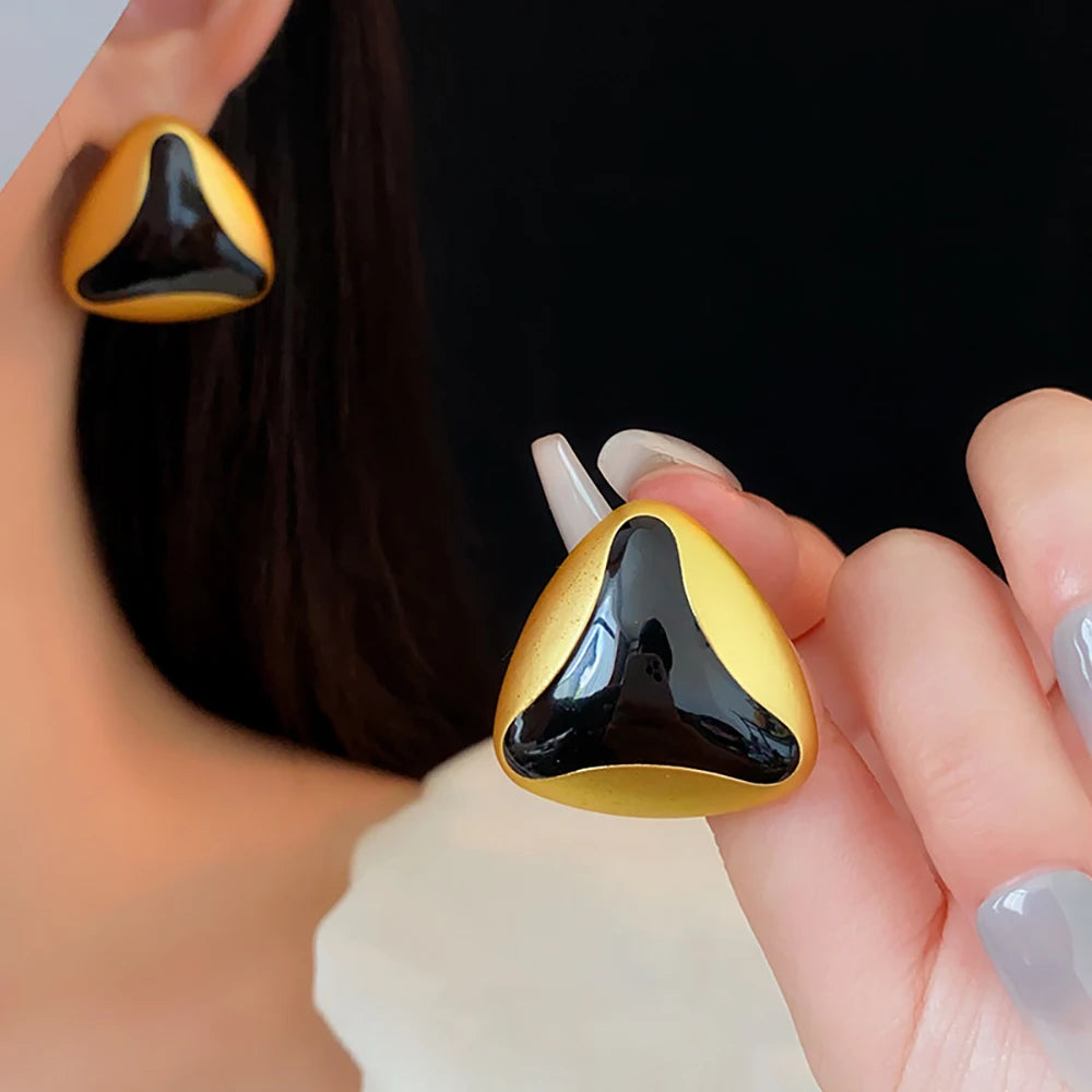 AENSOA Vintage Black Enamel Triangle Geometric Big Stud Earrings Retro Earring for Women Girls Gold Plated Party Trendy Jewelry - Lucia Gole