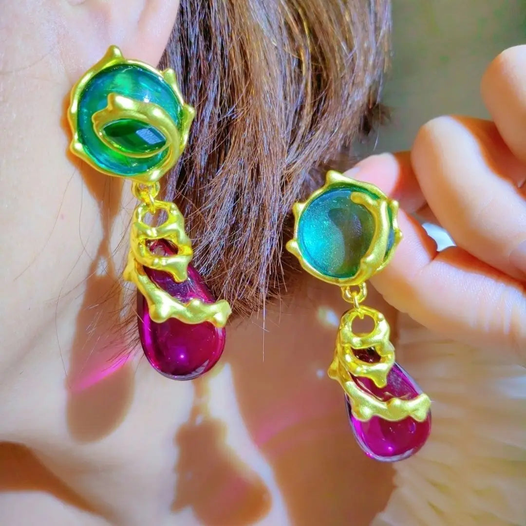 AENSOA Exaggerated Big Crystal Water Drop Metal Drop Earrings for Retro Geometric Green Purple Resin Earring for Women Vintage - Lucia Gole