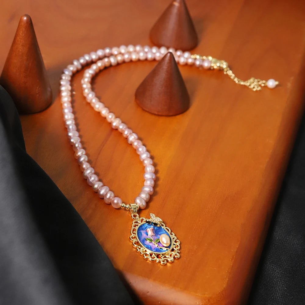 Natural Pearl Oil Painting Rose Butterfly Necklace Korean Style Women Luxury Jewelry Fashion Ladies and Girls Gift GN0667