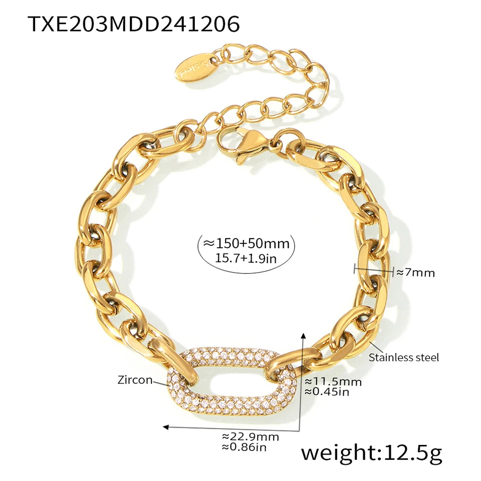 Lucia Gole  Gold Plated Hip-Hop Chain Set – Stainless Steel Necklace & Bracelet with Zircon Pendant