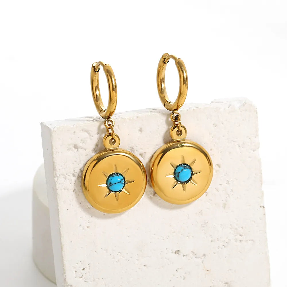 Lucia Gole: Stainless Steel Gold Color Blue Green Stone Round Pendant Hoop Earrings - Lucia Gole