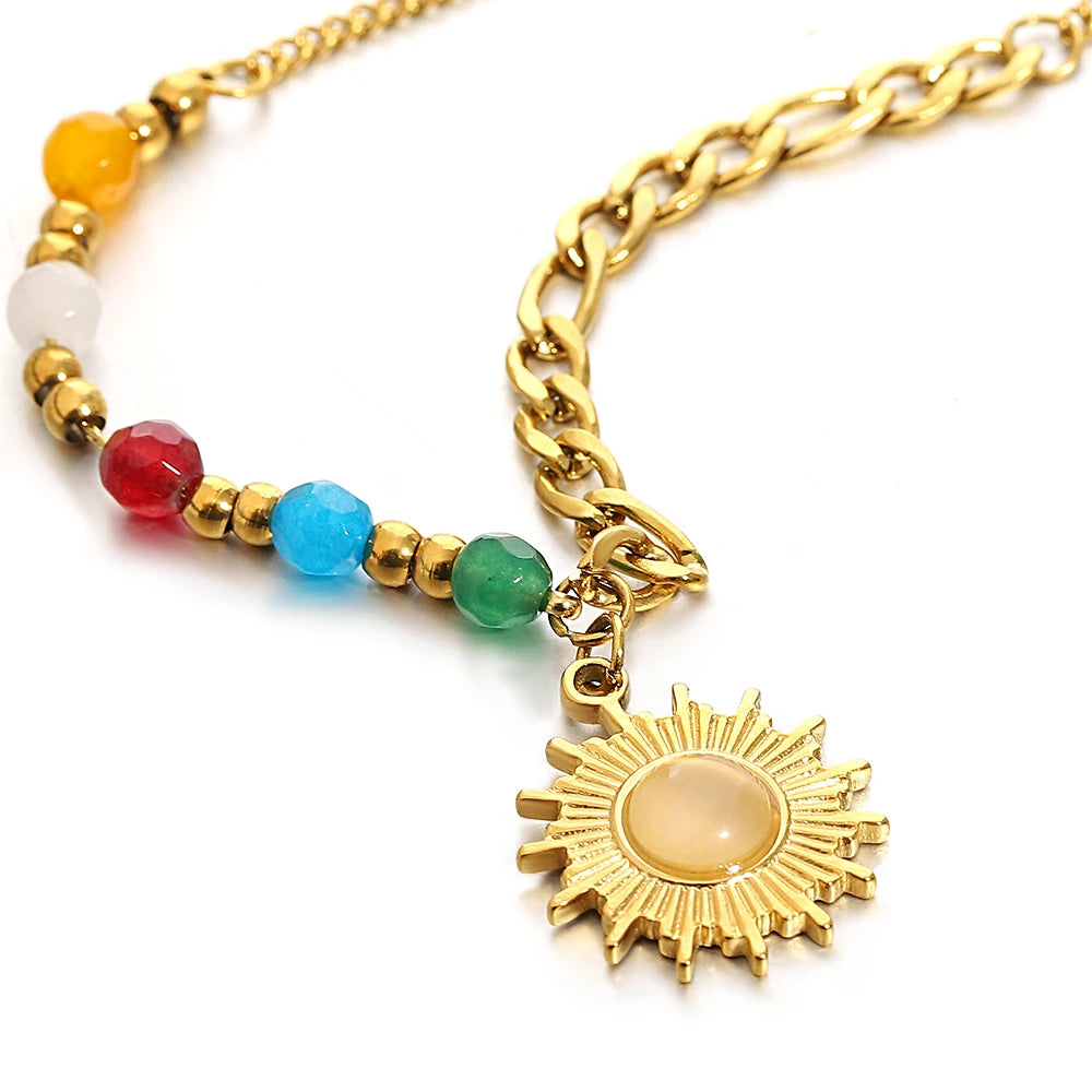 AENSOA Metal Texture Stainless Steel Opal Sun Pendant Choker Necklace Delicate Colorful Beads Necklace 18K Gold Plated Jewelry - Lucia Gole