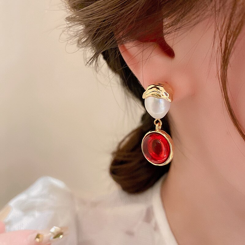 Lucia Gole: Vintage Round Red Pearl Drop Earrings - Retro Statement Dangle Earrings - Lucia Gole