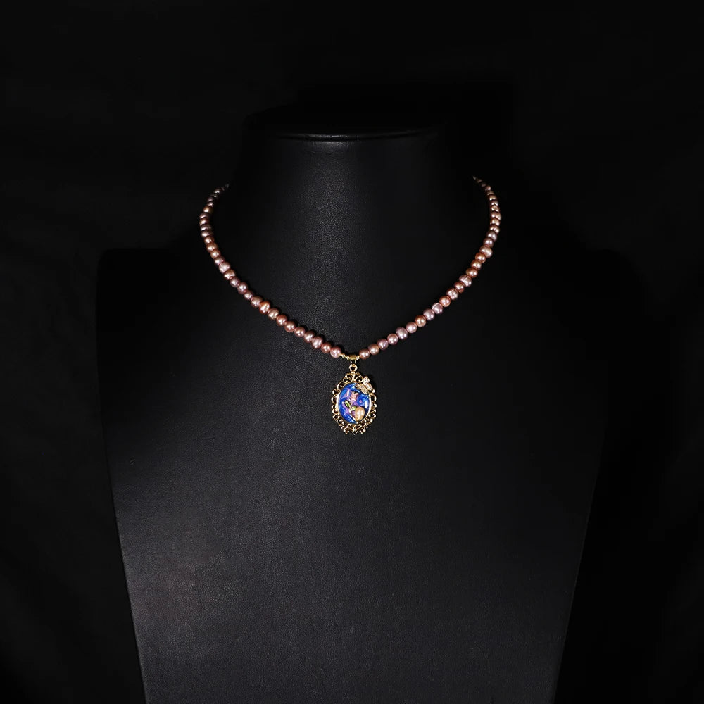 Natural Pearl Oil Painting Rose Butterfly Necklace Korean Style Women Luxury Jewelry Fashion Ladies and Girls Gift GN0667