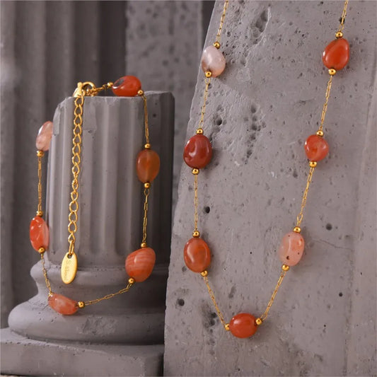 Lucia Gole Natural Agate Stone Jewelry Set – Stainless Steel Necklace & Bracelet for Women
