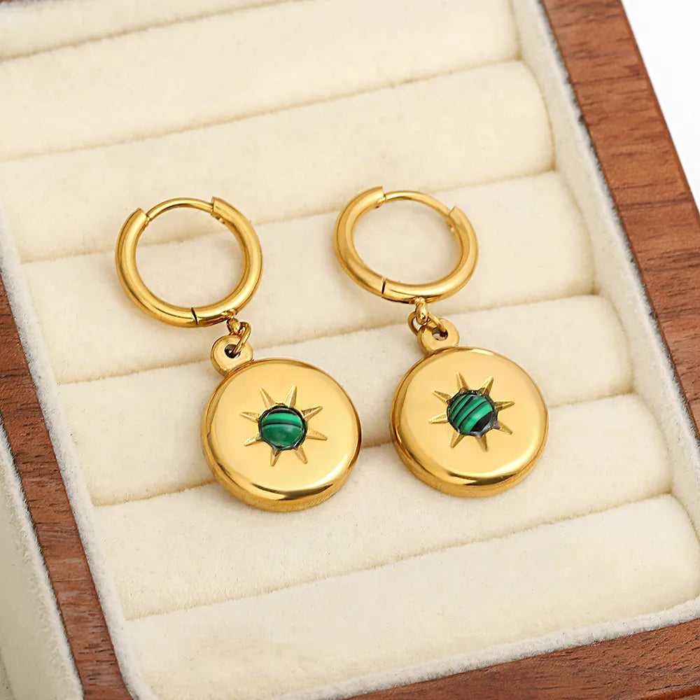 Lucia Gole: Stainless Steel Gold Color Blue Green Stone Round Pendant Hoop Earrings - Lucia Gole