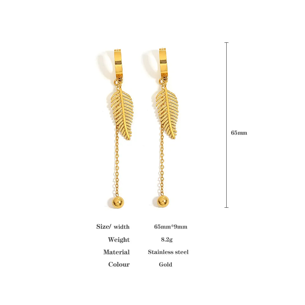 Lucia Gole: Stainless Steel Gold Color Sparkling Feather Leaf Tassel Hoop Earrings - Lucia Gole