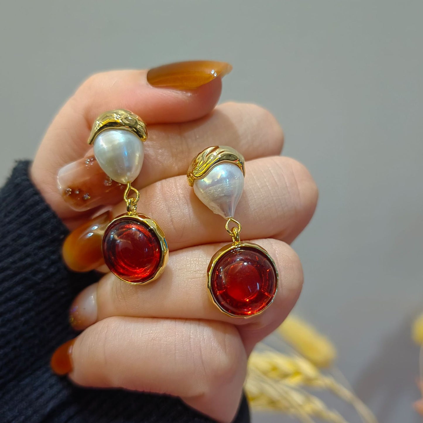 Lucia Gole: Vintage Round Red Pearl Drop Earrings - Retro Statement Dangle Earrings - Lucia Gole