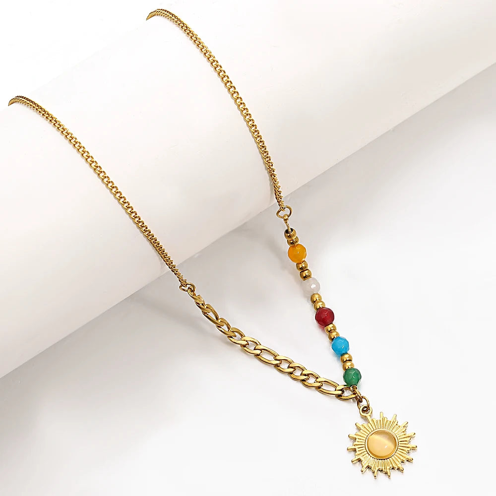 AENSOA Metal Texture Stainless Steel Opal Sun Pendant Choker Necklace Delicate Colorful Beads Necklace 18K Gold Plated Jewelry - Lucia Gole