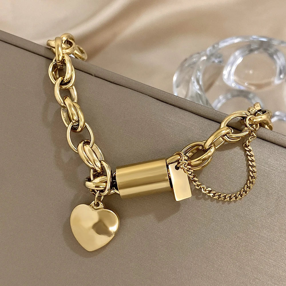 AENSOA Punk Chunky Double Thick Chain Stainless Steel Bracelets for Women Fashion Golden Heart Love Buckle Pendant Wrist Jewelry - Lucia Gole