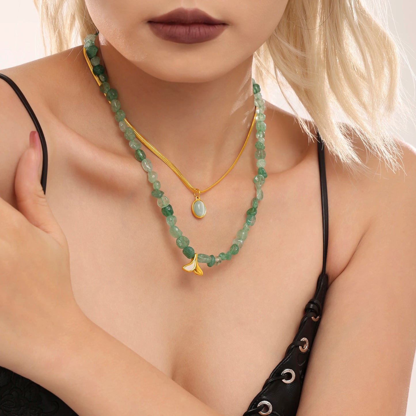 Lucia Gole - Green Beaded Necklace with Gold Pendant