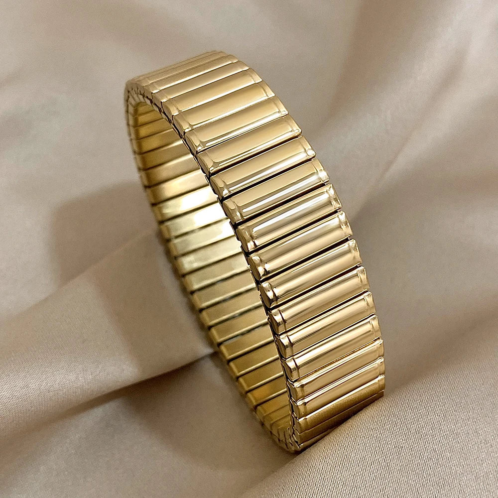 AENSOA Vintage Stainless Steel Bangle Bracelet Elasticity Watchband Wrap Wide Stretched Bracelets Gold Plated Cuff Wrist Jewelry - Lucia Gole