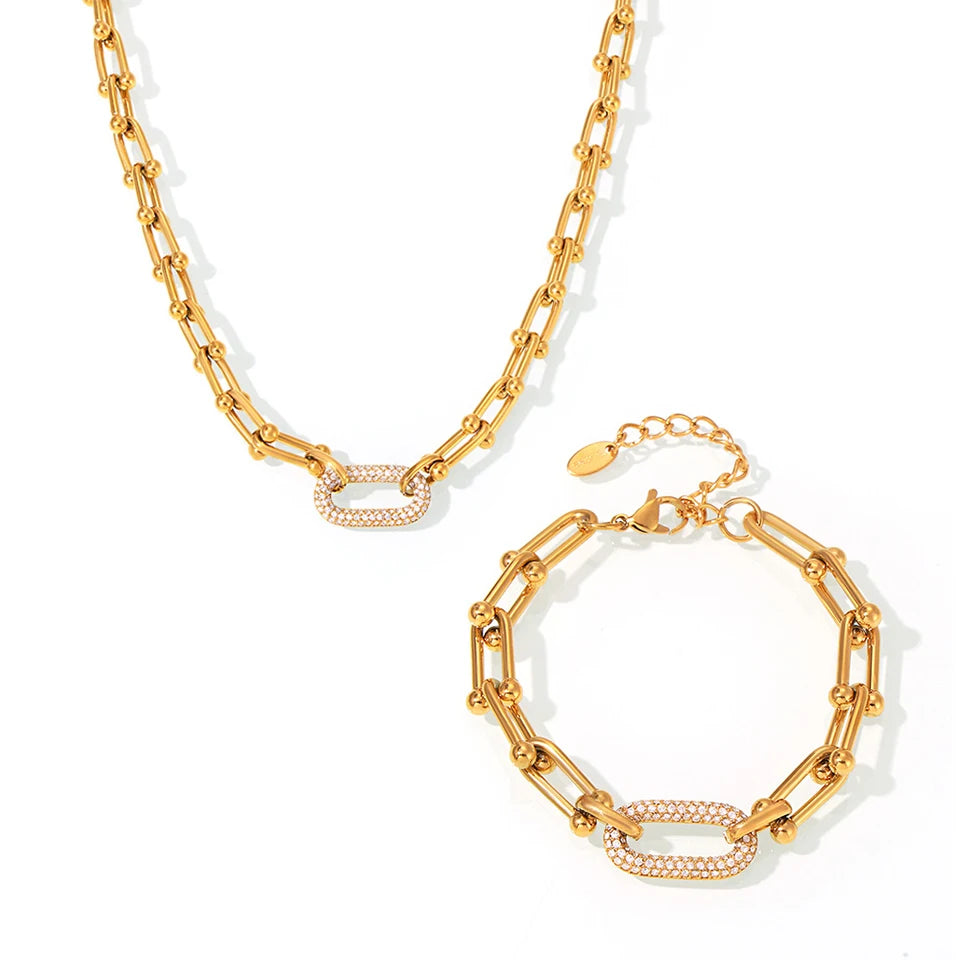 Lucia Gole  Gold Plated Hip-Hop Chain Set – Stainless Steel Necklace & Bracelet with Zircon Pendant