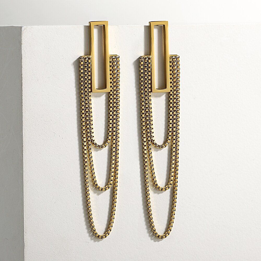 Lucia Gole Long Tassel Gold Color Rectangle Hanging Drop Earrings - Lucia Gole