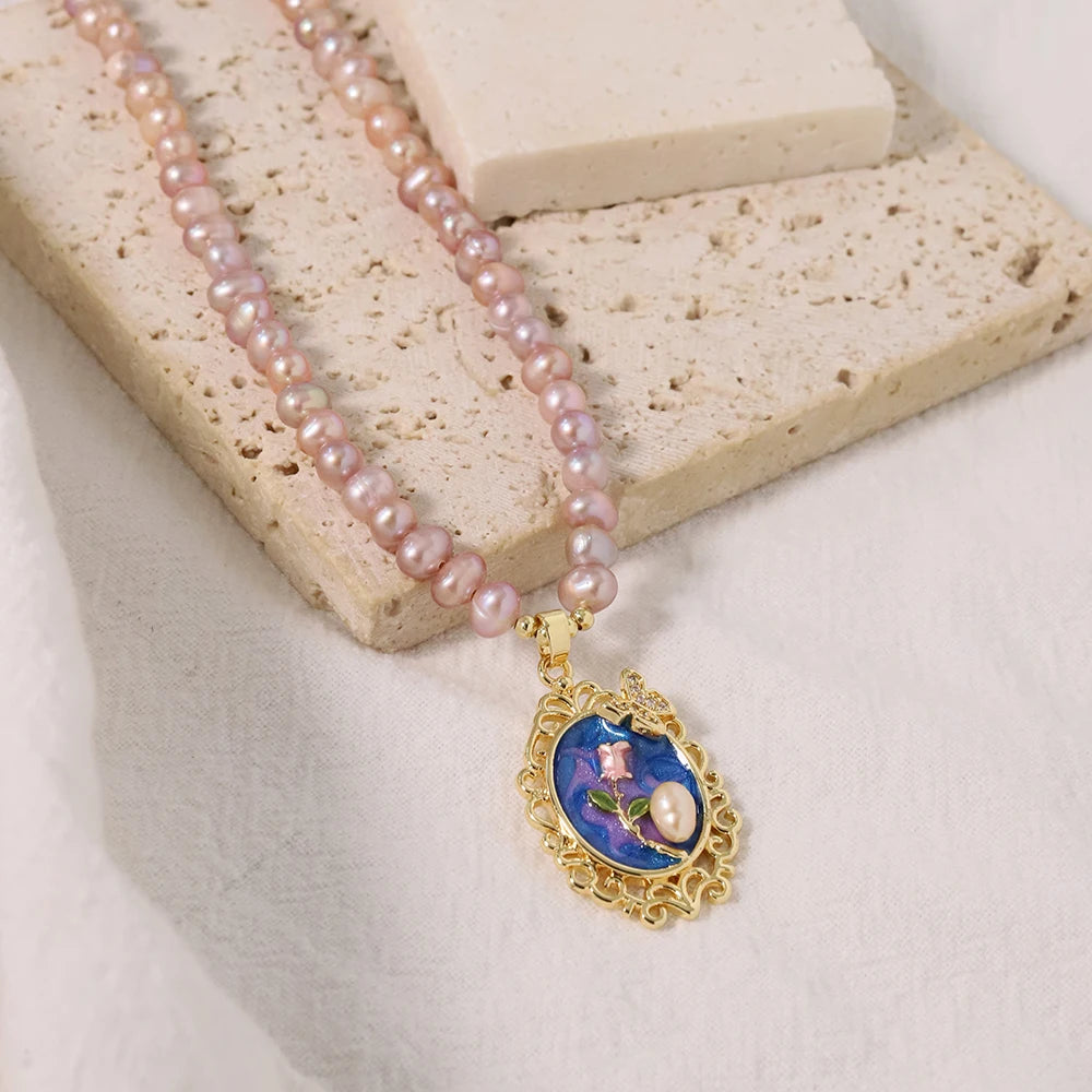 Natural Pearl Oil Painting Rose Butterfly Necklace Korean Style Women Luxury Jewelry Fashion Ladies and Girls Gift GN0667