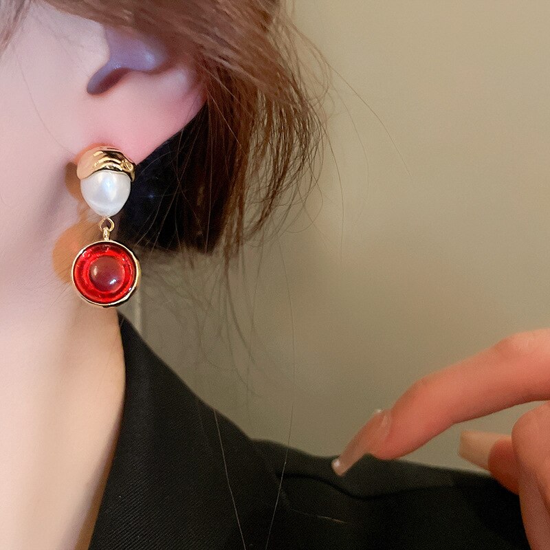 Lucia Gole: Vintage Round Red Pearl Drop Earrings - Retro Statement Dangle Earrings - Lucia Gole