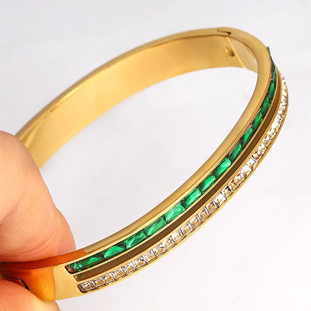 AENSOA Stainless Steel Inlaid Rectangle Green Rhinestone Bracelet Bangle for Women Luxury Shiny Bracelet Elegant Wrist Jewelry - Lucia Gole