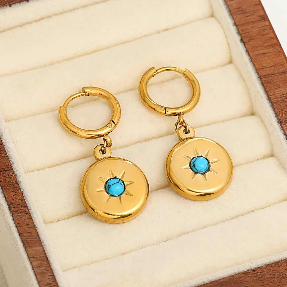 Lucia Gole: Stainless Steel Gold Color Blue Green Stone Round Pendant Hoop Earrings - Lucia Gole