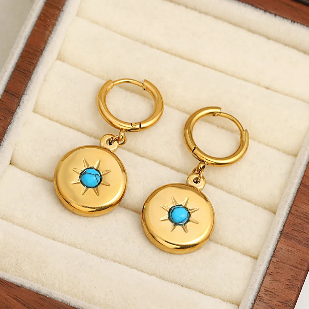 Lucia Gole: Stainless Steel Gold Color Blue Green Stone Round Pendant Hoop Earrings - Lucia Gole