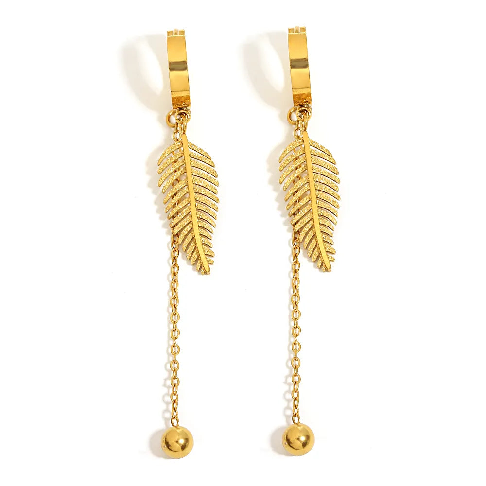 Lucia Gole: Stainless Steel Gold Color Sparkling Feather Leaf Tassel Hoop Earrings - Lucia Gole