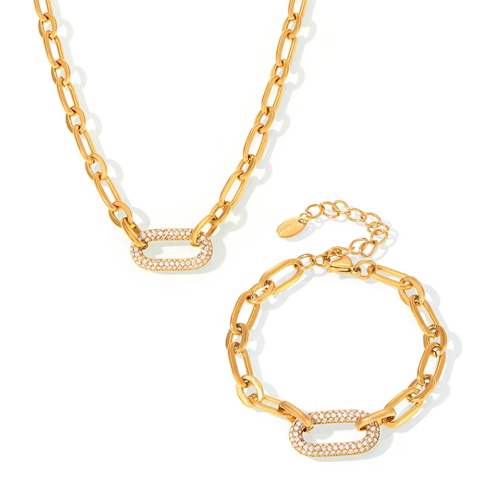 Lucia Gole  Gold Plated Hip-Hop Chain Set – Stainless Steel Necklace & Bracelet with Zircon Pendant