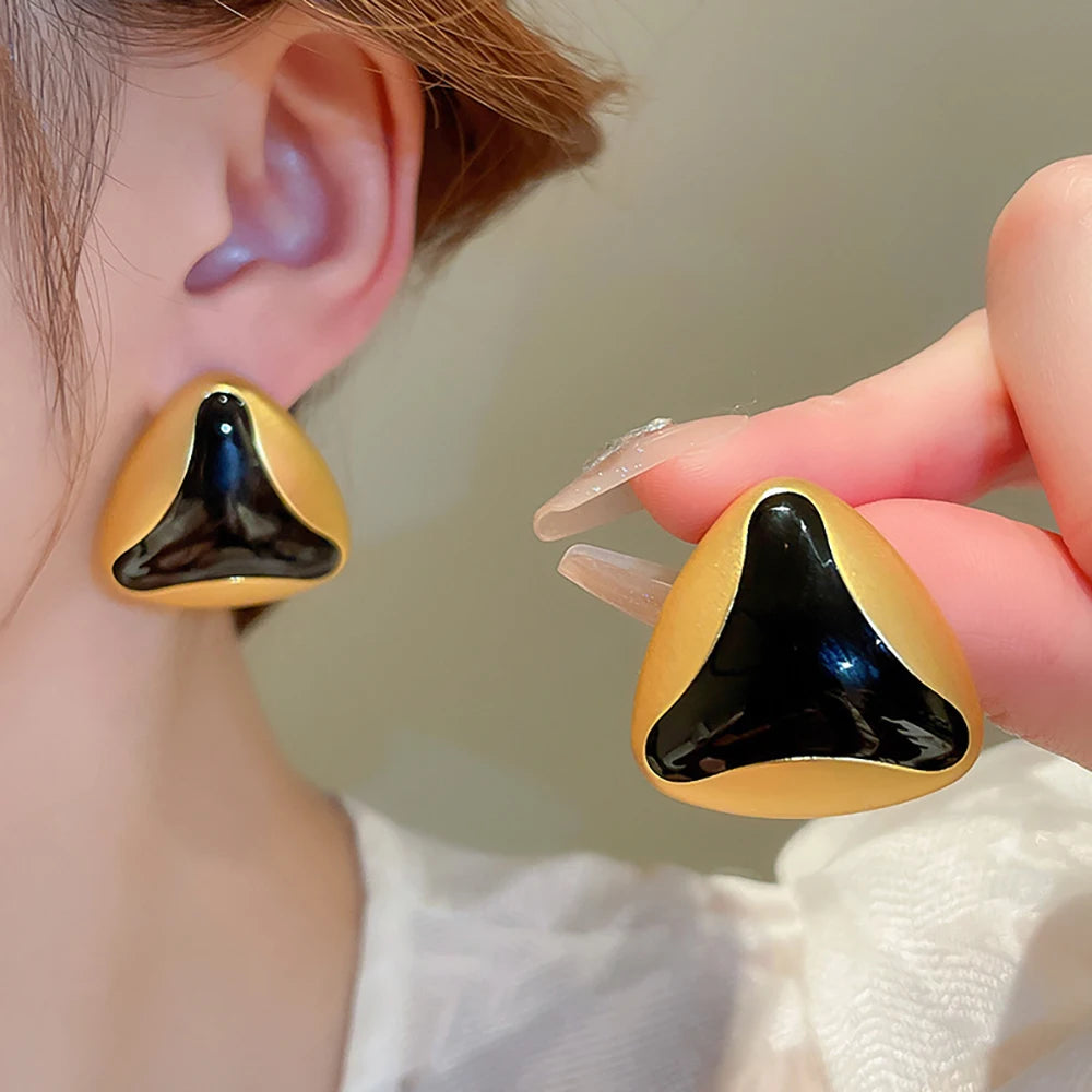 AENSOA Vintage Black Enamel Triangle Geometric Big Stud Earrings Retro Earring for Women Girls Gold Plated Party Trendy Jewelry - Lucia Gole