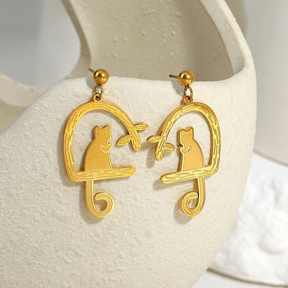 Lucia Gole: Exquisite Gold Color Cat Drop Earrings - Lucia Gole