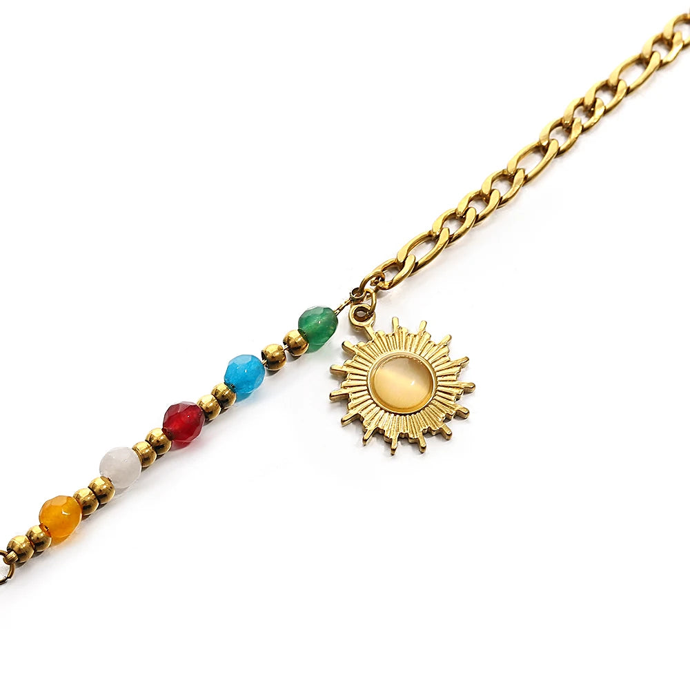 AENSOA Metal Texture Stainless Steel Opal Sun Pendant Choker Necklace Delicate Colorful Beads Necklace 18K Gold Plated Jewelry - Lucia Gole