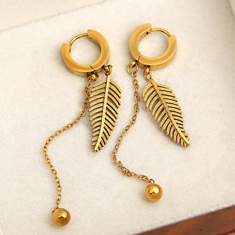 Lucia Gole: Stainless Steel Gold Color Sparkling Feather Leaf Tassel Hoop Earrings - Lucia Gole