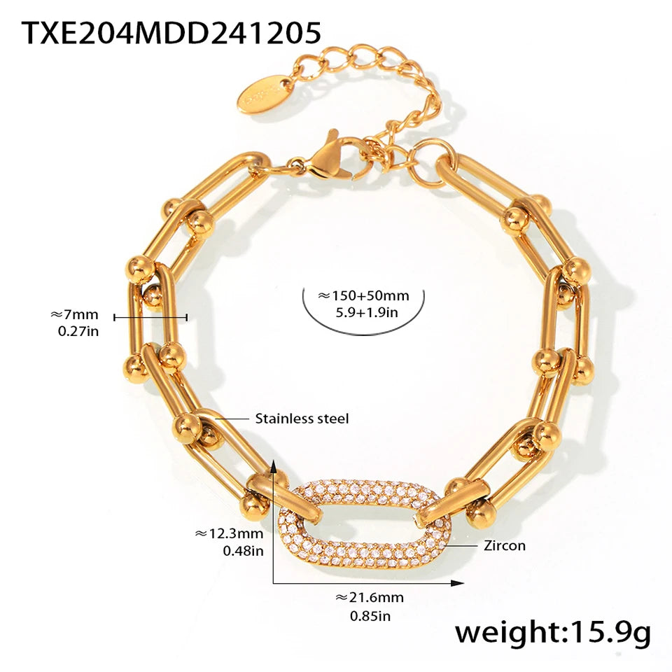 Lucia Gole  Gold Plated Hip-Hop Chain Set – Stainless Steel Necklace & Bracelet with Zircon Pendant