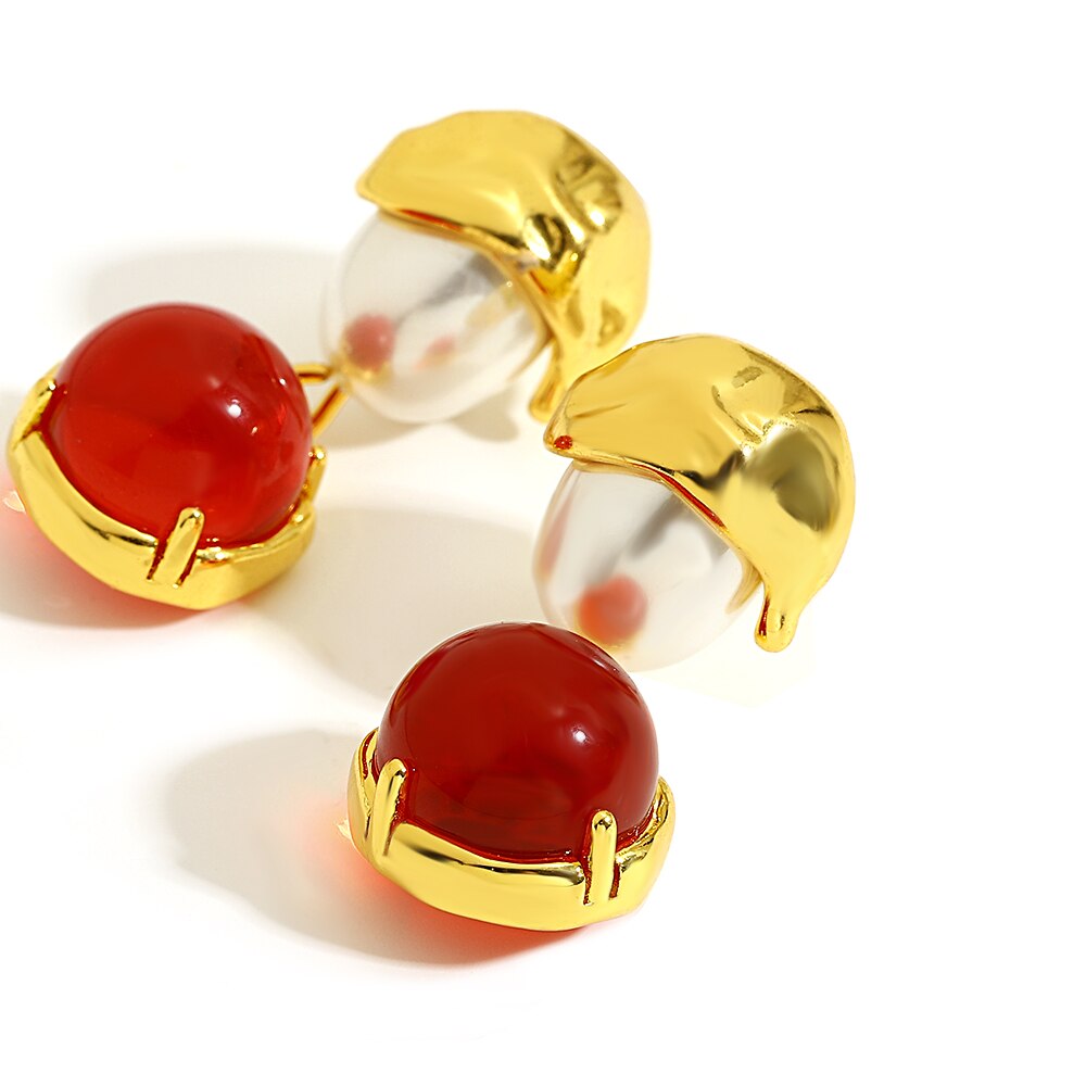 Lucia Gole: Vintage Round Red Pearl Drop Earrings - Retro Statement Dangle Earrings - Lucia Gole