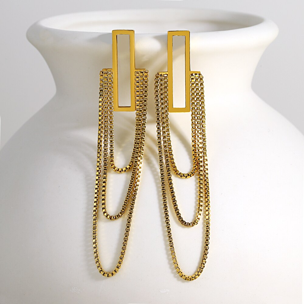 Lucia Gole Long Tassel Gold Color Rectangle Hanging Drop Earrings - Lucia Gole